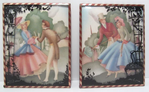 Pair 2 Vintage Convex Glass - Silhouette Pictures - Colonial Dress Couple 5”x4” Cover
