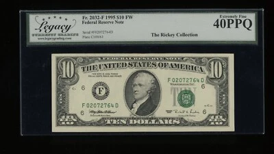 DBR 1995 $10 FRN Atlanta Fr. 2032-F Legacy XF-40 PPQ Serial F02072764D - Image 1 of 2