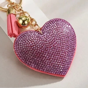 Colorful Heart Rhinestone Keychain PU Leather Tassel Key Ring for Women - Picture 1 of 3