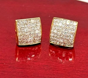 14k Yellow Gold Mens Princess Cut Square Diamond Earrings, Screw Back Posts - Picture 1 of 5