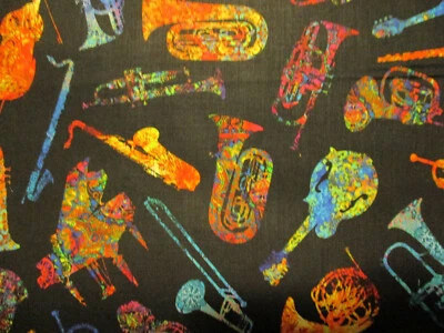 MOD MUSIC INSTRUMENTS GUITARS JAZZ PIANO MORE BLACK DIGITAL COTTON FABRIC FQ  - Image 1 of 4