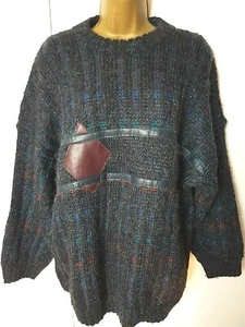 Vintage 80s Wool Blend Unisex Jumper 42" Cable Knit Real Leather Diamond Stripe - Picture 1 of 5
