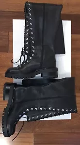 ZARA SPECIAL EDITION LACE-UP THIGH HIGH COMBAT BLACK LEATHER BOOTS Sz.38EU/7.5US - Picture 1 of 11
