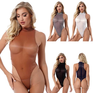 Womens Oil Shiny Sleepwear Bodycon See Through Bodysuit Mock Neck Thong Lingerie - Picture 1 of 51