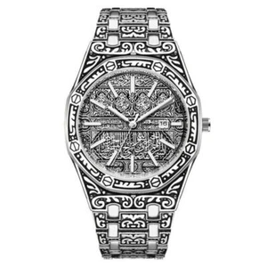 Reloj pulsera de lujo de acero inoxidable de moda de cuarzo para hombre con fecha retro tallado - Imagen 1 de 24