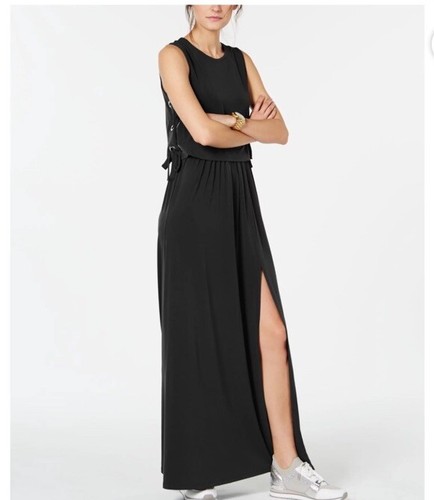 Maxi abito donna MICHAEL KORS nero con lacci passanti senza maniche taglia XXS nuovo con etichette $140