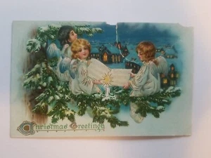 Tuck Christmas Series Postcard 102 Angels Singing Snow Village VTG Unposted - Foto 1 di 6