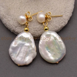 17-22mm Real Natural South Sea Flat Baroque White Pearl Dangle Stud Earrings - Picture 1 of 5