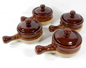 Four French Onion Soup Bowls w/Handles and Lids Two Tone Glazed Interpur Taiwan - Picture 1 of 8