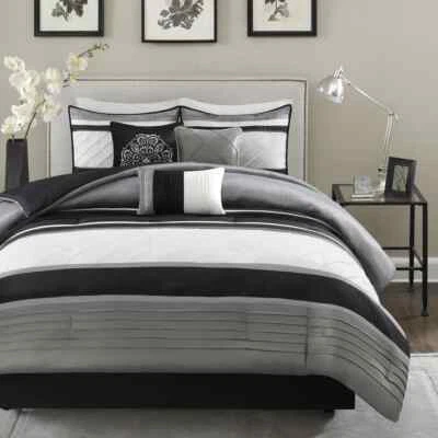 QUALITY BEAUTIFUL 7PC MODERN ELEGANT BLACK WHITE GREY FLORAL SCROLL COMFORTER SET NEW