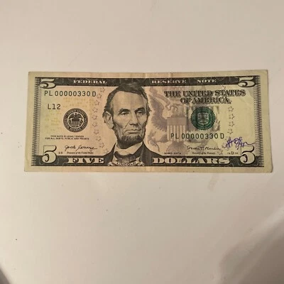 ULTRA RARE “Larry bird” 5$ Dollar Bill Very Low Serial # 00000330 Series 2017 - Image 1 of 3