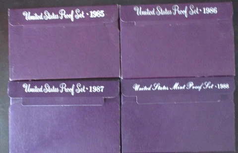 4 U.S. Proof Sets 5 Coins Original U.S. Mint Packaging 1985, 1986, 1987, 1988 Cover