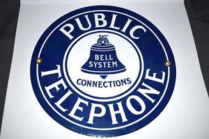 Insegna porcellana sistema campana vintage COLLEGAMENTI TELEFONICI PUBBLICI - larghezza 8 3/4" - Foto 1 di 3