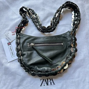 Neu Zara 199 $ SRPLS Überschuss grün Leder silber Metallringe Umhängetasche - Bild 1 von 14