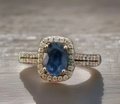 QVC Blue Ceylon Sapphire  & AFFINITY DiamondS HIDDEN Halo Ring  14K WG_Size 6 - Image 1 of 4