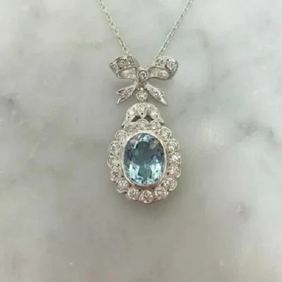3Ct Oval Cut Simulated Aquamarine Women's Pendant Chain In 14k White Gold Plated - Image 1 of 4