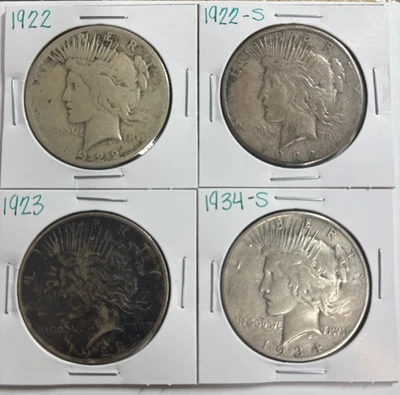 1922 1922-S 1923 1934-S Peace Dollar Lot of 4 - Image 1 of 4