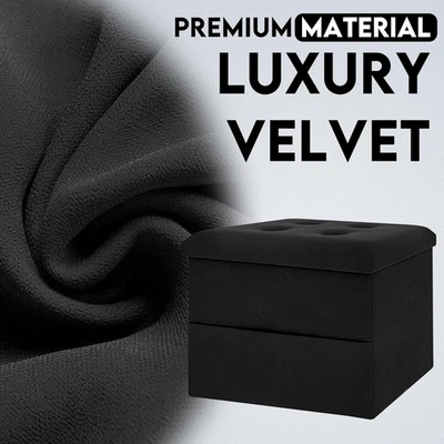 Small Footstool Ottoman Velvet Storage Rest with and Side Pocket Black Couch - Image 1 of 4