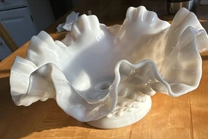 VTG Fenton White Milk Glass Ruffle Edge Hobnail Bowl - 3 Round Candle Holes - J - Picture 1 of 5