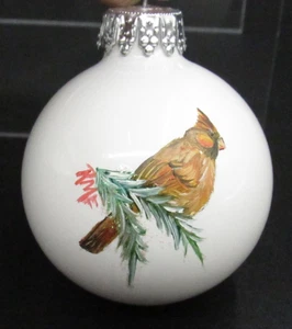 Glass Hand Painted Female Cardinal Bird Round Ball Christmas Ornament - Picture 1 of 6