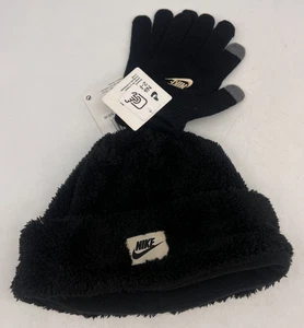 Nike 2-Piece Set Unisex Youth Black Furry Beanie and Touchscreen Gloves - Picture 1 of 14