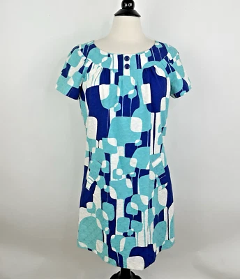 Vestido Trina Turk Retro Mod Jacquard Cambio 10 Blanco Azul Bolsillos Forrado Hecho en EE. UU. Foto 1 de 4