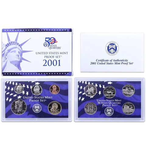 2001 S Proof Set Original Box & COA 10 Coins CN-Clad Cover