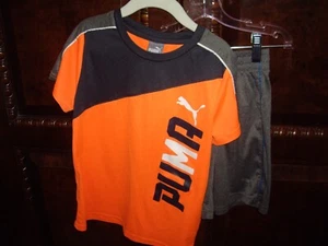 T27 EUC Boys Size 5 Puma 2pc Short Set Orange SS Shirt Heather Gray Shorts Logo - Picture 1 of 8