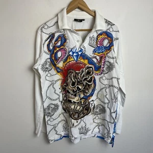 Christian Audigier Polo Shirt Mens XXL White Long Sleeve Double Sided Graphic - Bild 1 von 13