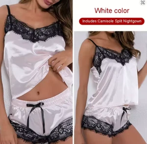 Luxe Satin Lace Splice Camisole & Shorts Pajama Set Sexy Split 2pcs Homewear M - Picture 1 of 9
