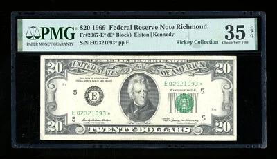 DBR 1969 $20 FRN STAR Richmond Fr. 2067-E* PMG 35 EPQ Serial E02321093* - Image 1 of 2