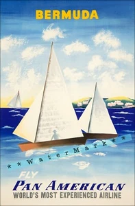 Póster de viaje aéreo vintage Pan Am 1960 Bermudas arte retro de pared de vela mediados de siglo - Imagen 1 de 4