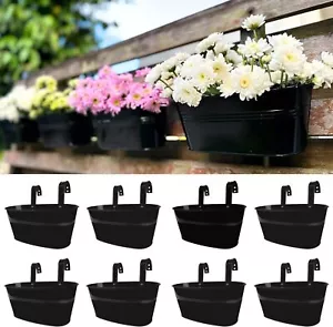 8 Pack 11.2 Inch Outdoor Plants Rail Planter Metal Iron Hanging Flower Pot Black - Picture 1 of 9