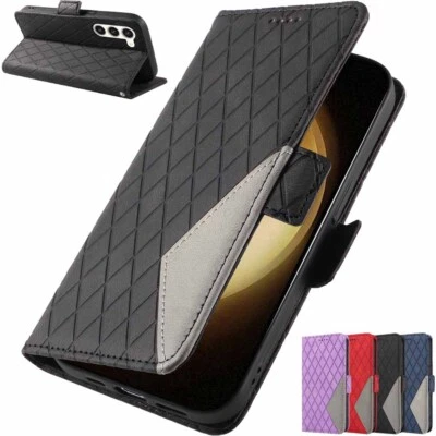 For Samsung S23 S22 S21 S20 S10 S9 S8 Grid Wallet Card Holder Leather Case Cover - Image 1 of 4