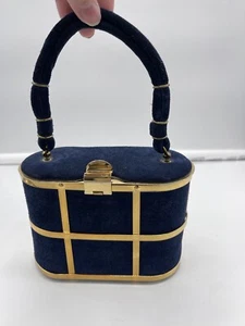 Borsa a mano vintage blu navy scamosciata oro gabbia box borsetta - Foto 1 di 9