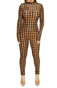 NWT $98 NAKED WARDROBE Long Sleeve Turtleneck Jumpsuit Houndstooth Black S - Picture 1 of 2