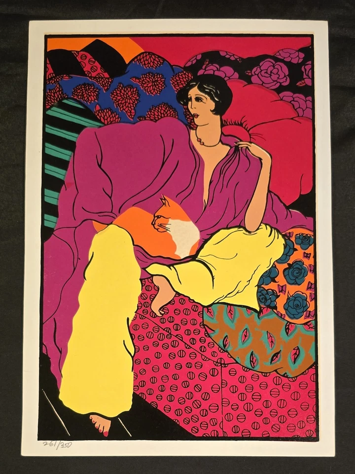 Vintage Psychedelic Print by Piacente – Reclining Woman with Cat. Numbered 13x9" - Image 1 of 1