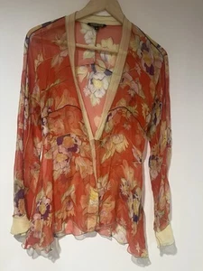 Top Rozae Nichols Capas Transparente 100% Seda Naranja Floral Boho Hecho en EE. UU. Talla M - Imagen 1 de 4