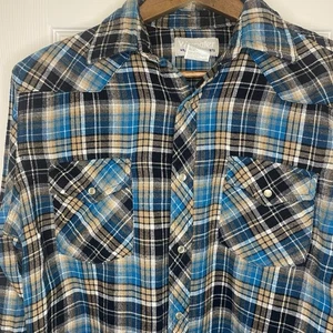 Camisa de franela occidental Wrangler vintage azul a cuadros perla a presión mediana para hombre - Imagen 1 de 4