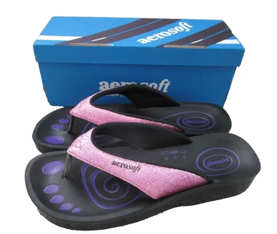 Aerosoft Women's 9 Gliteratti Cushioned Flip Flops Black Pink NEW with Box - Image 1 of 4