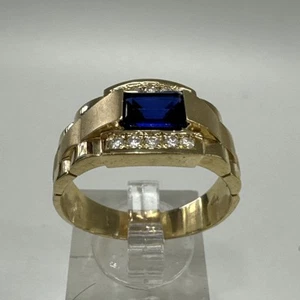 Solid 14k Yellow Gold Sapphire & Natural Diamonds Men Or Women Ring Size 11.5 - Picture 1 of 6