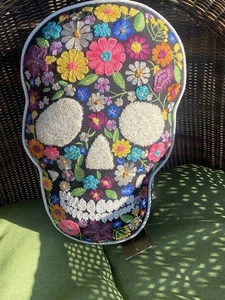Day Of The Dead Sugar Skull Halloween Skeleton Skull Embroidered Pillow NWT - Picture 1 of 7