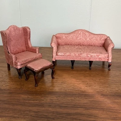Vtg Dollhouse Miniature Queen Anne Loveseat Armchair Stool Living Room Set 1:12 - Image 1 of 4