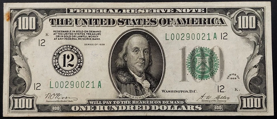 1928 $100 Federal Reserve Note "Big 12" San Francisco! Gold Clause! Fr# 2150 L. - Image 1 of 4