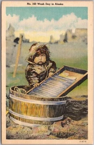 1940s ALASKA Native Americana / Indian LINEN Postcard "Wash Day in Alaska" - Picture 1 of 2