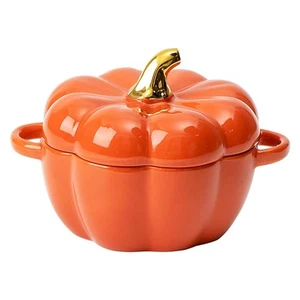 Dutch Oven Pot with Lid, 15 Oz Cute Pumpkin Ceramic Dessert Saucepan with Han... - Picture 1 of 7