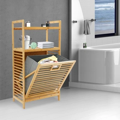 Bamboo Clothes Organizer Storage Shelf for Laundry Room, Tilt Out Laundry Basket - Image 1 of 4
