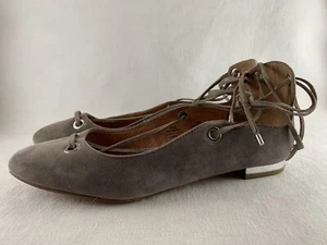 Halogen Nella Ghillie US 7.5 Gray Taupe Suede Leather Ankle Lace Up Ballet Flats - Picture 1 of 8