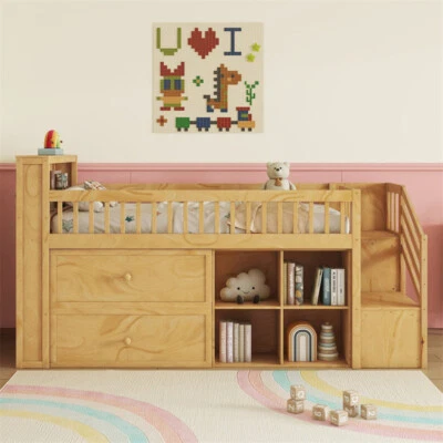 Low Loft Bed with LED Lights Twin Size w/Bookshelf,Storage Stairs & Drawers - Image 1 of 4