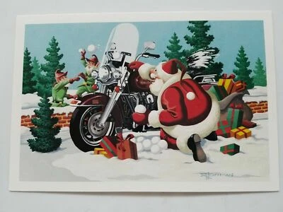 PAUL OXMAN HARLEY DAVIDSON CHRISTMAS CARDS #X102 HARLEY SANTA & ELVES SNOWBALL FIGHT (10)